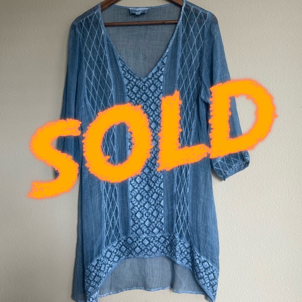 OneSeason Australia Embroidered Tunic Top – Sheer Blue Boho V-Neck – Size M